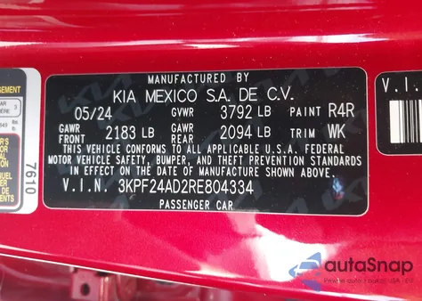 2024 Kia Forte Lxs from USA, damaged, VIN 3KPF24AD2RE804334